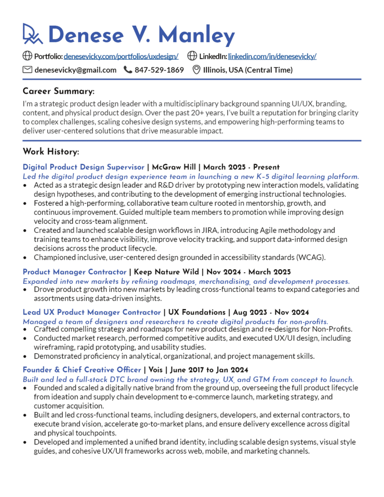 Resume for Denese V Manley